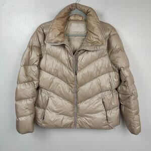 Athleta Lofty Down Puffer Jacket Womens Small Champagne Beige Full Zip Winter